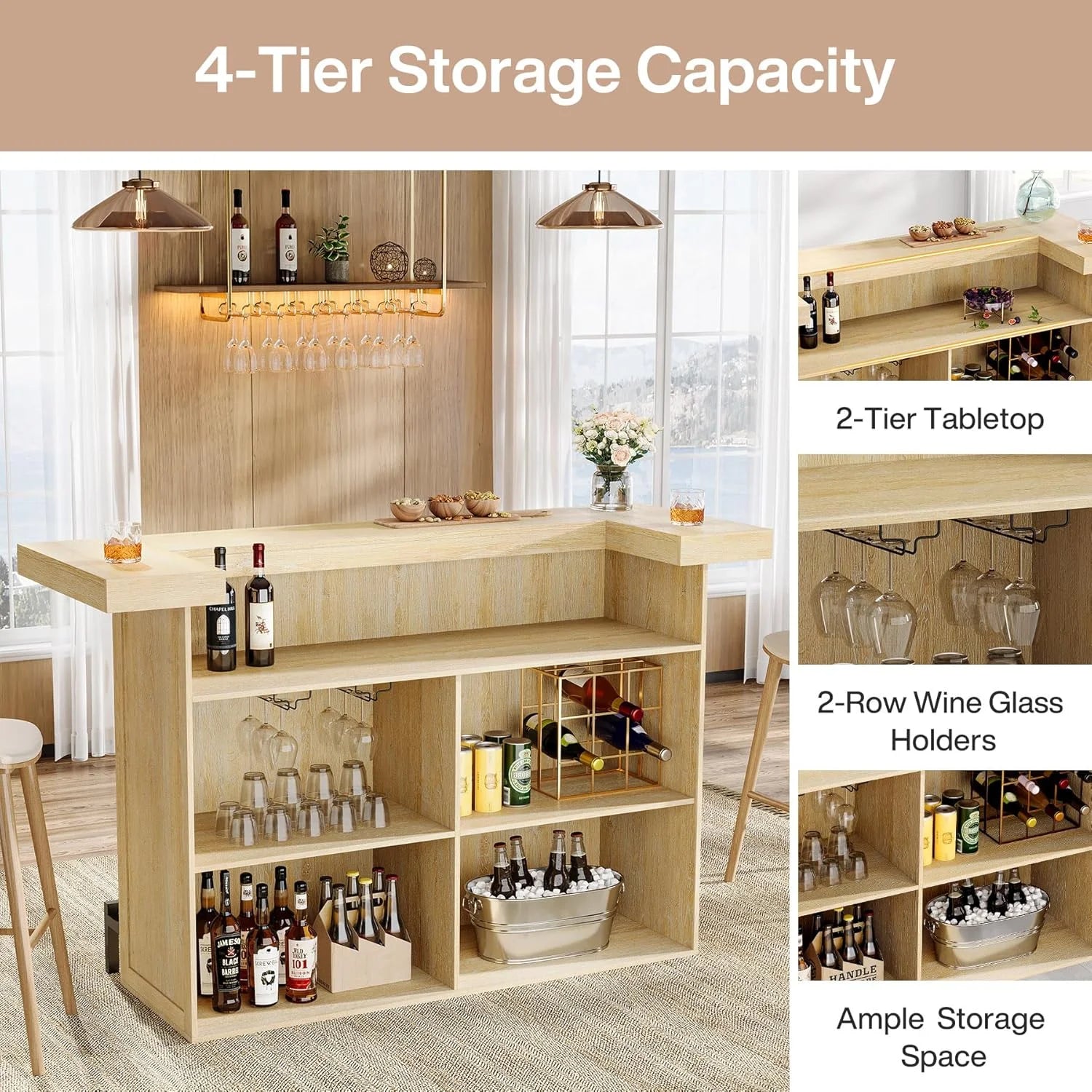 4-Tier Bar Table, 70.9-Inch Large Modern Home Bar Cabinet with Wine Glass Holder and Black Footrest