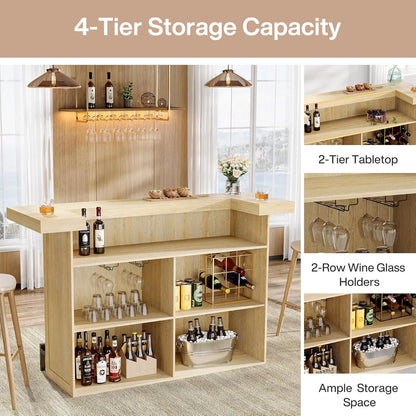 4-Tier Bar Table, 70.9-Inch Large Modern Home Bar Cabinet with Wine Glass Holder and Black Footrest