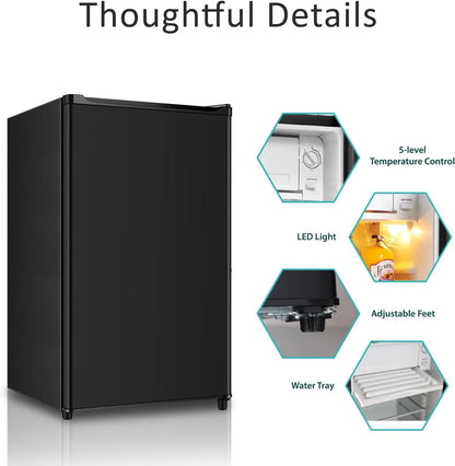 Seaoola Mini Fridge with Freezer, Single Door 4.4 Cu.Ft, Compact Mini Refrigerator, LED Light, Adjustable Thermostat, Removable Glass Shelves, Small Refrigerator for Dorm/Office/Bedroom(Black)