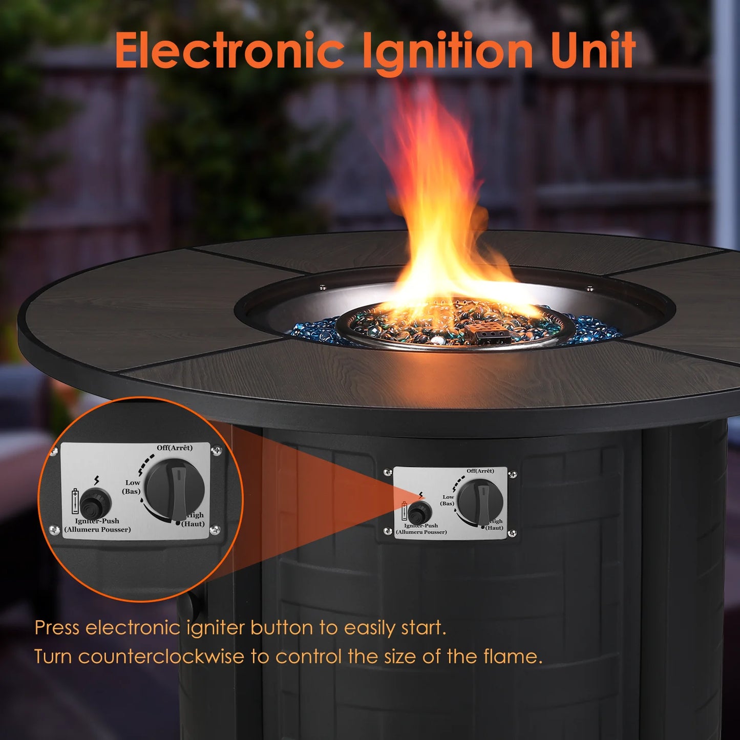 GARTIO 42" Round Propane Fire Pit Table 50,000 BTU Steel Gas Fire Pit with Removable Lid, Cover and Blue Glass Rocks, Outdoor Fireplace Set