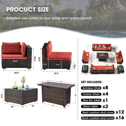 Grezone 15 Pieces Patio Furniture Set with Fire Pit Table, All Weather Outdoor Sectional PE Rattan, Patio Conversation Sets Cushions & Black-glass Coffee Table for Garden Lawn Balcony Porch Deck, Red
