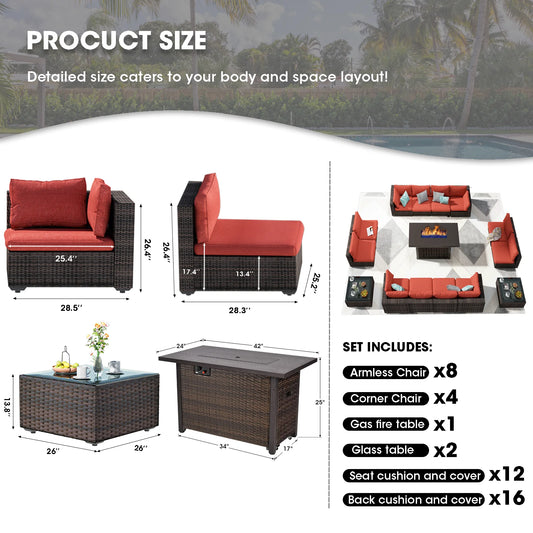 Grezone 15 Pieces Patio Furniture Set with Fire Pit Table, All Weather Outdoor Sectional PE Rattan, Patio Conversation Sets Cushions & Black-glass Coffee Table for Garden Lawn Balcony Porch Deck, Red