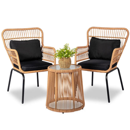 Tappio 3-Piece Patio Conversation Bistro Set Rattan Furniture, Outdoor Patio Set w/Glass Top Table & Cushions for Garden Balcony Backyard Poolside, Yellow/Beige
