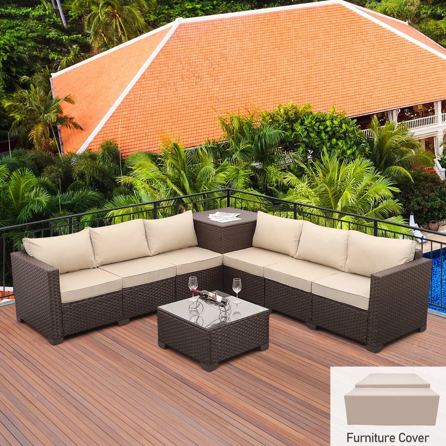 Waroom 6 Pieces Outdoor Furniture Patio Set with Storage Box,Glass Coffee Table,Khaki