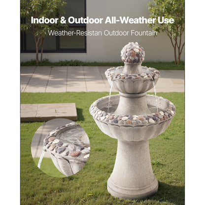 KFFKFF Outdoor Water Fountain, 36.5-Inch Tall 2-Tier Design with Rock-Style Base, Fiberglass and Resin Construction, Includes Pump, Ideal for Garden, Patio, Backyard, or Indoor Spaces