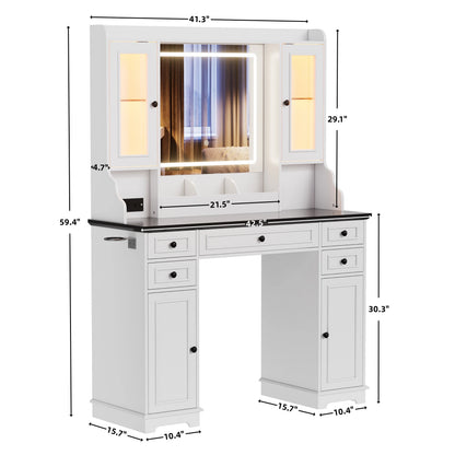 Farmhouse Makeup Vanity Desk with Mirror and Lights, Vanity Table with Glass Tabletop, Charging Station, 5 Drawers, Side Cabinet, Storage Shelves for Bedroom, White by TZUTOGETHER