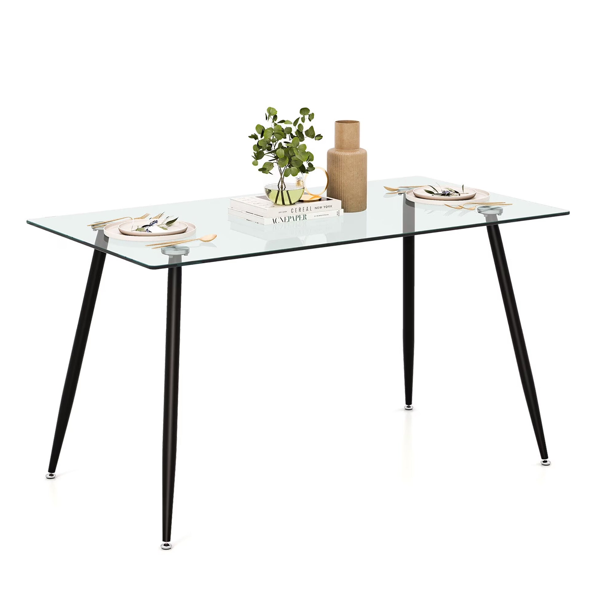 Gymax Modern Glass Dining Table Rectangular Dining Room Table W/Metal Legs For Kitchen Silver