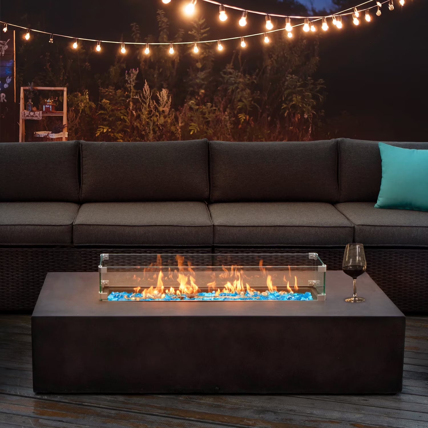 COSIEST Outdoor Rectangular Propane Fire Pit Table, Terrazzo White Concrete Finish, 50,000 BTU Stainless Steel Burner with Glass Wind Guard, Rain Cover