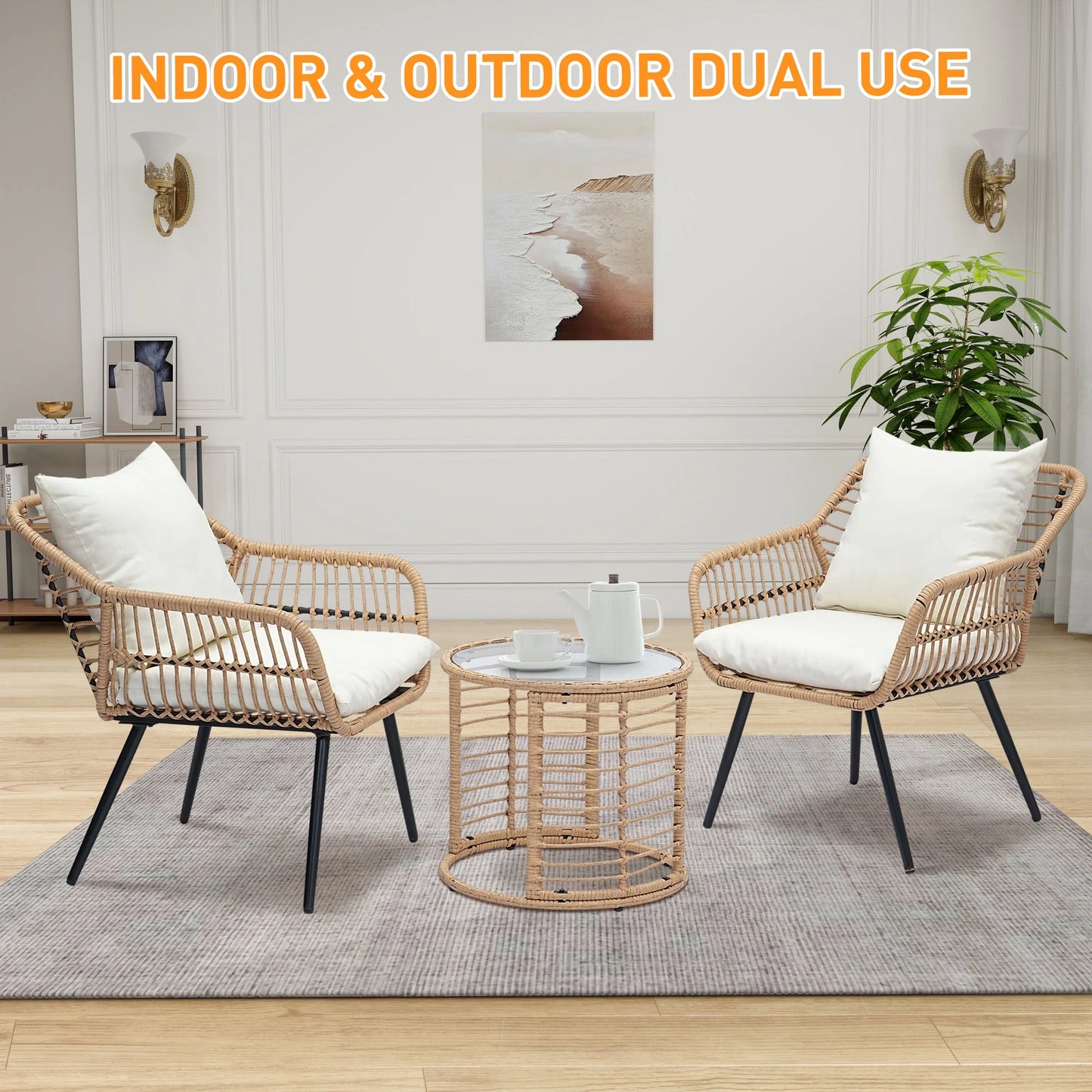 Ainfox 3-Piece Steel Outdoor Bistro Sets with Metal Chairs and Glass Top Table, Beige