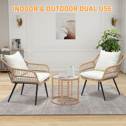 Ainfox 3-Piece Steel Outdoor Bistro Sets with Metal Chairs and Glass Top Table, Beige