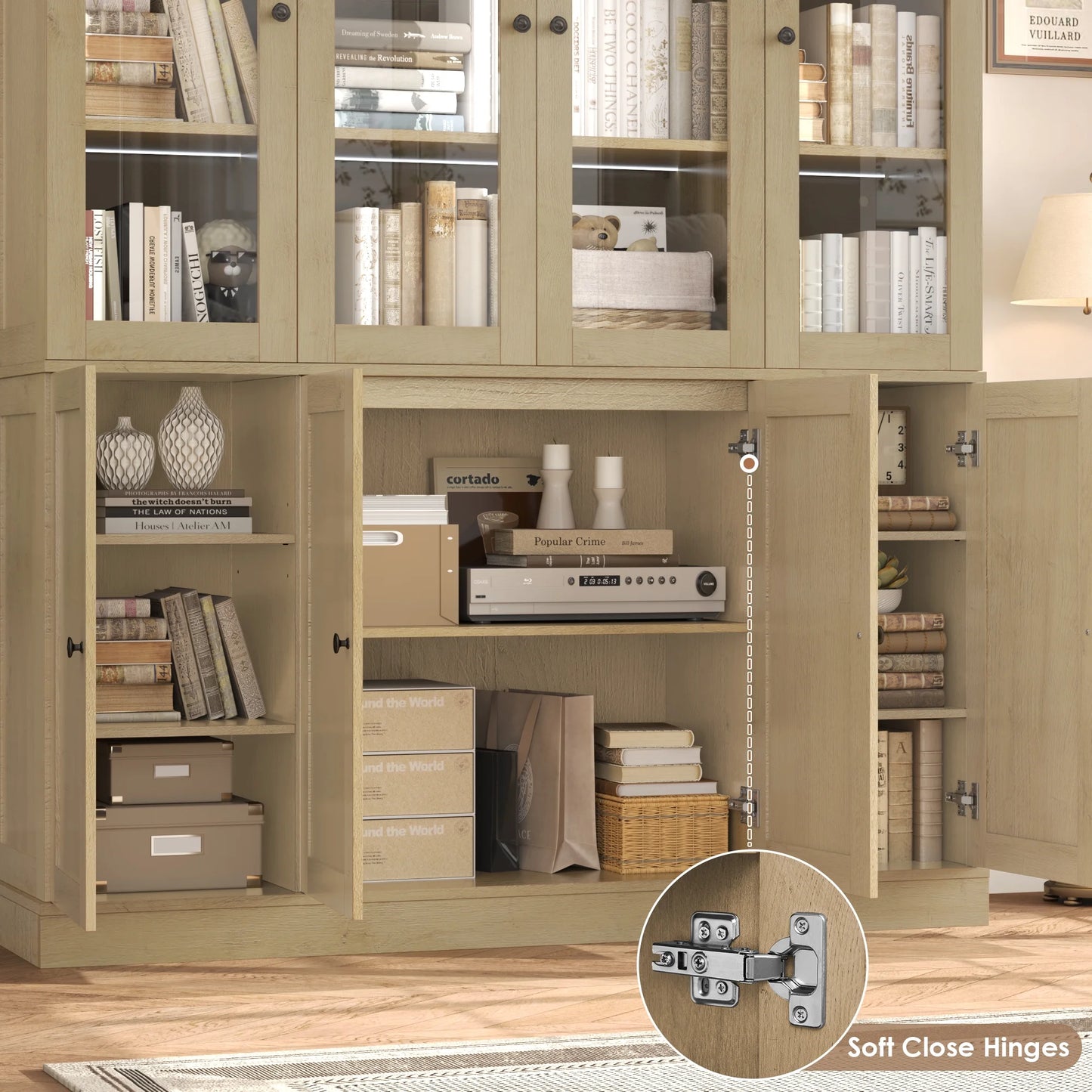 Homfa Kitchen Pantry Cabinet with Glass Doors, 74° Tall Display Cabinets with LED & Adjustable Shelves for Living Room Office, White