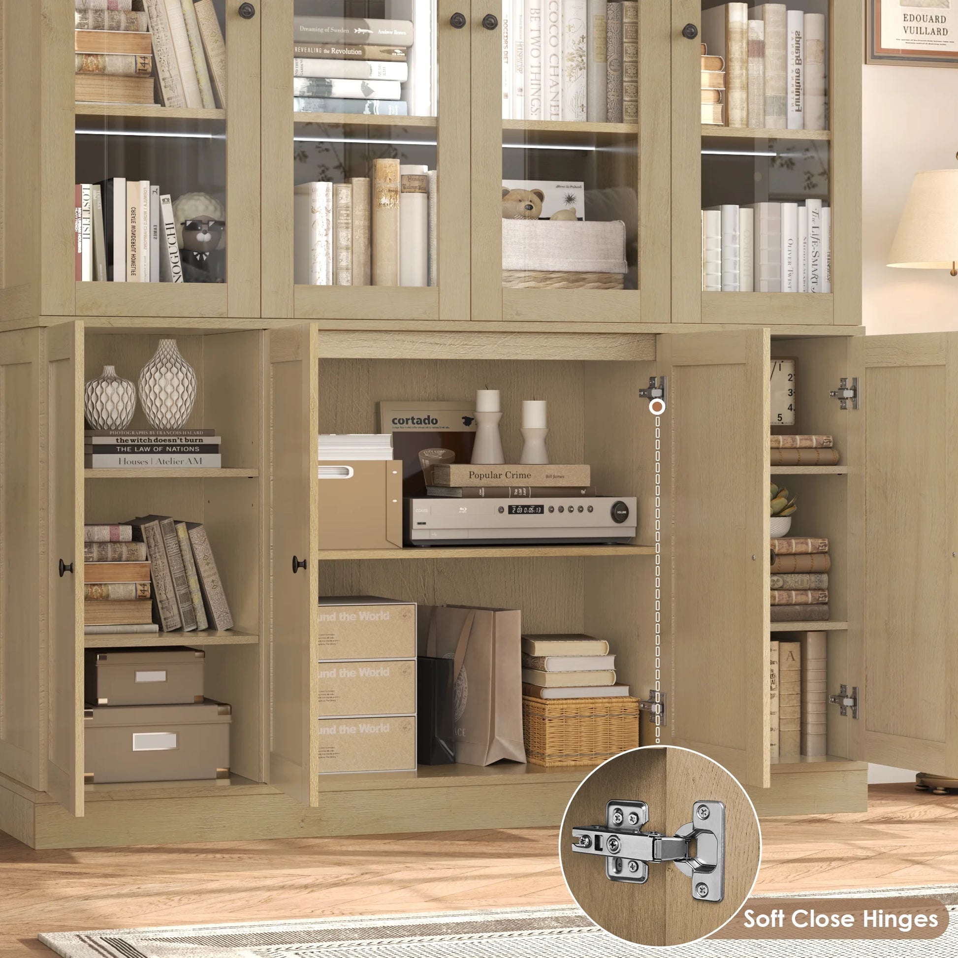 Homfa Kitchen Pantry Cabinet with Glass Doors, 74° Tall Display Cabinets with LED & Adjustable Shelves for Living Room Office, White