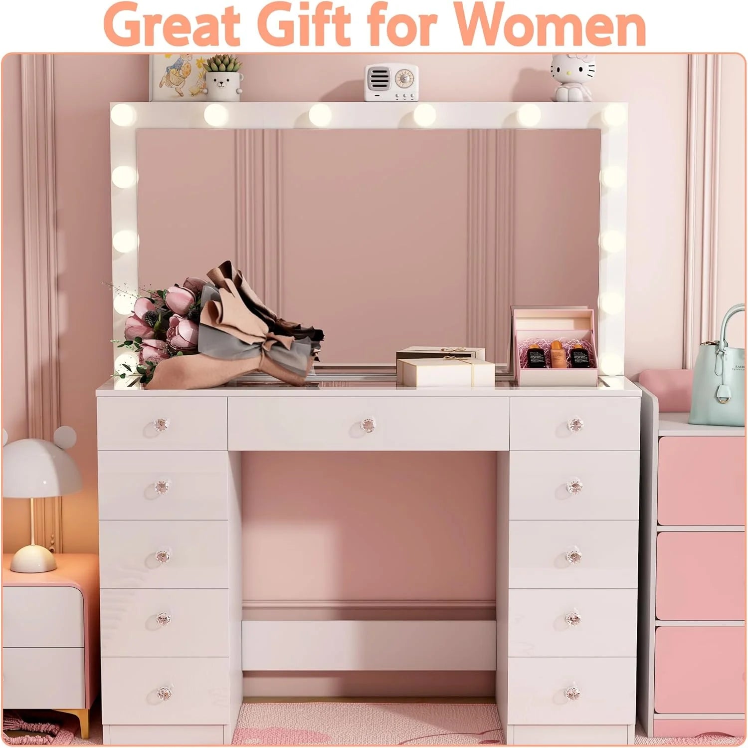 Linor Modern Adult Vanity Desk Set with Mirror, 14 LED Lights, 11 Drawers, Glass Top, White