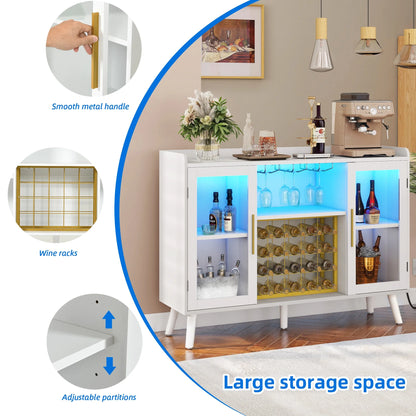 DEXTRUS Wine Bar Cabinet with Power Outlet & LED Light, Cabinet with Wine Rack & Glass Holder, White