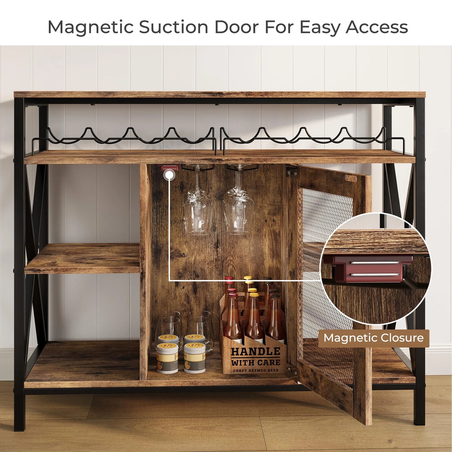 Vividwood Wine Bar Cabinet with Storage, Industrial Liquor Cabinet with Wine Rack & Glass Holder, Small Wood Metal Cart Bar Alcohol Table Sideboard Buffet for Home Kitchen Living Room, Oak