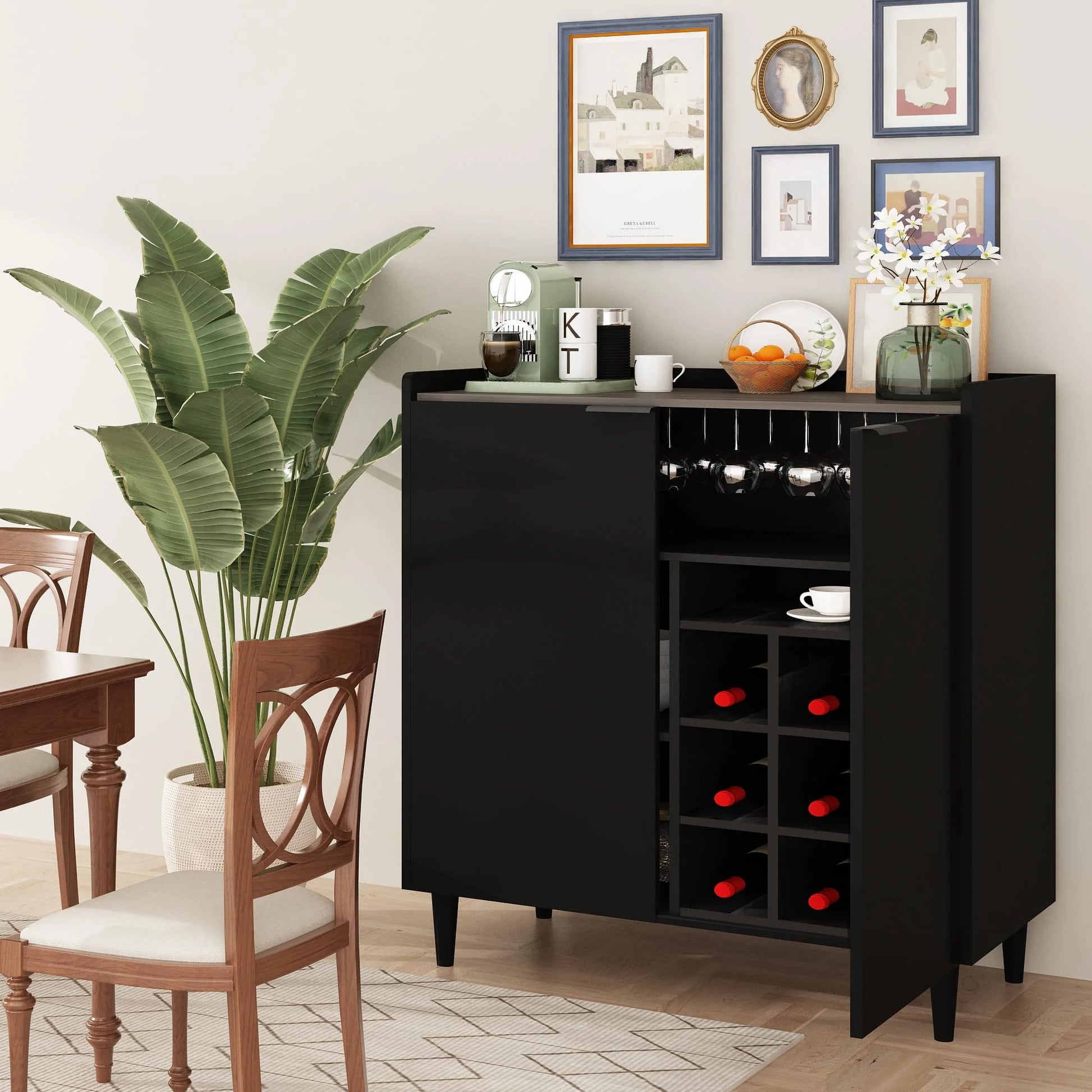 furlinkhm Wine Bar Cabinet, Industrial Bar Cabinets for Liquor and Glasses, 37" Kitchen Coffee Bar Cabinet Liquor Cabinet Bar for Home with Removable Wine Racks, Black