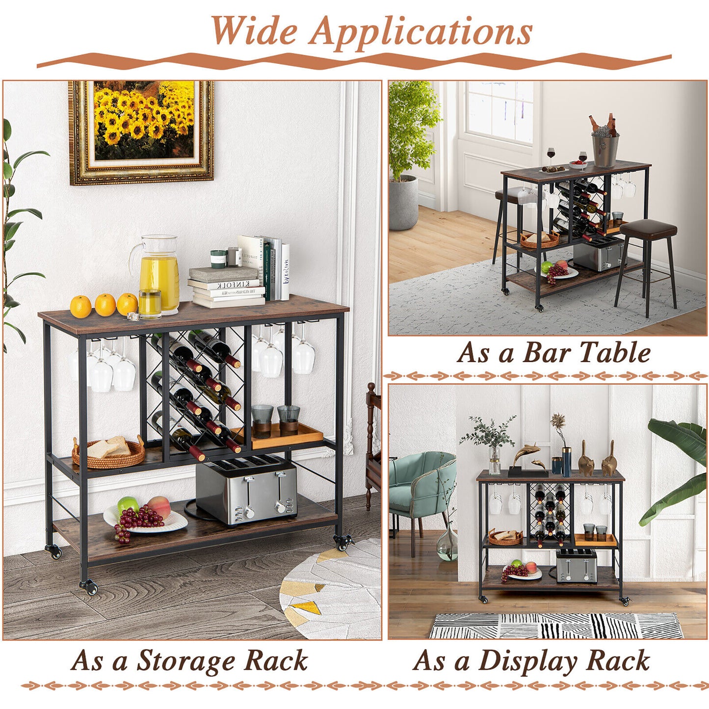 Gymax Industrial Liquor Bar Cart Rolling Kitchen Serving Cart w/Wine Rack Glass Holder