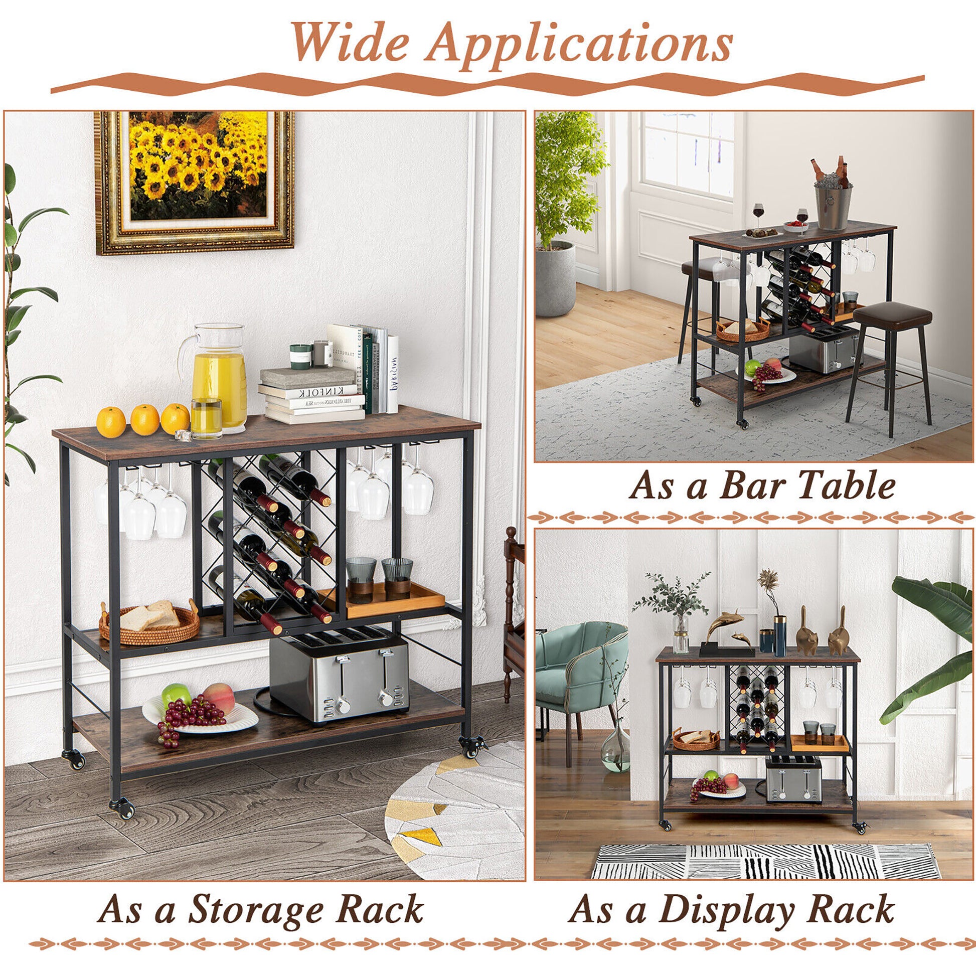 Gymax Industrial Liquor Bar Cart Rolling Kitchen Serving Cart w/Wine Rack Glass Holder