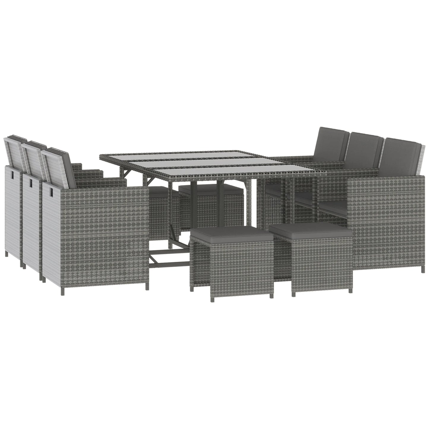 Outsunny 11 Pieces Outdoor Dining Set for 10, Space Saving Wicker Chairs and Glass Table with Cushions and Ottomans, Rattan Conversation Patio Furniture Set for Garden Backyard Deck, Dark Gray