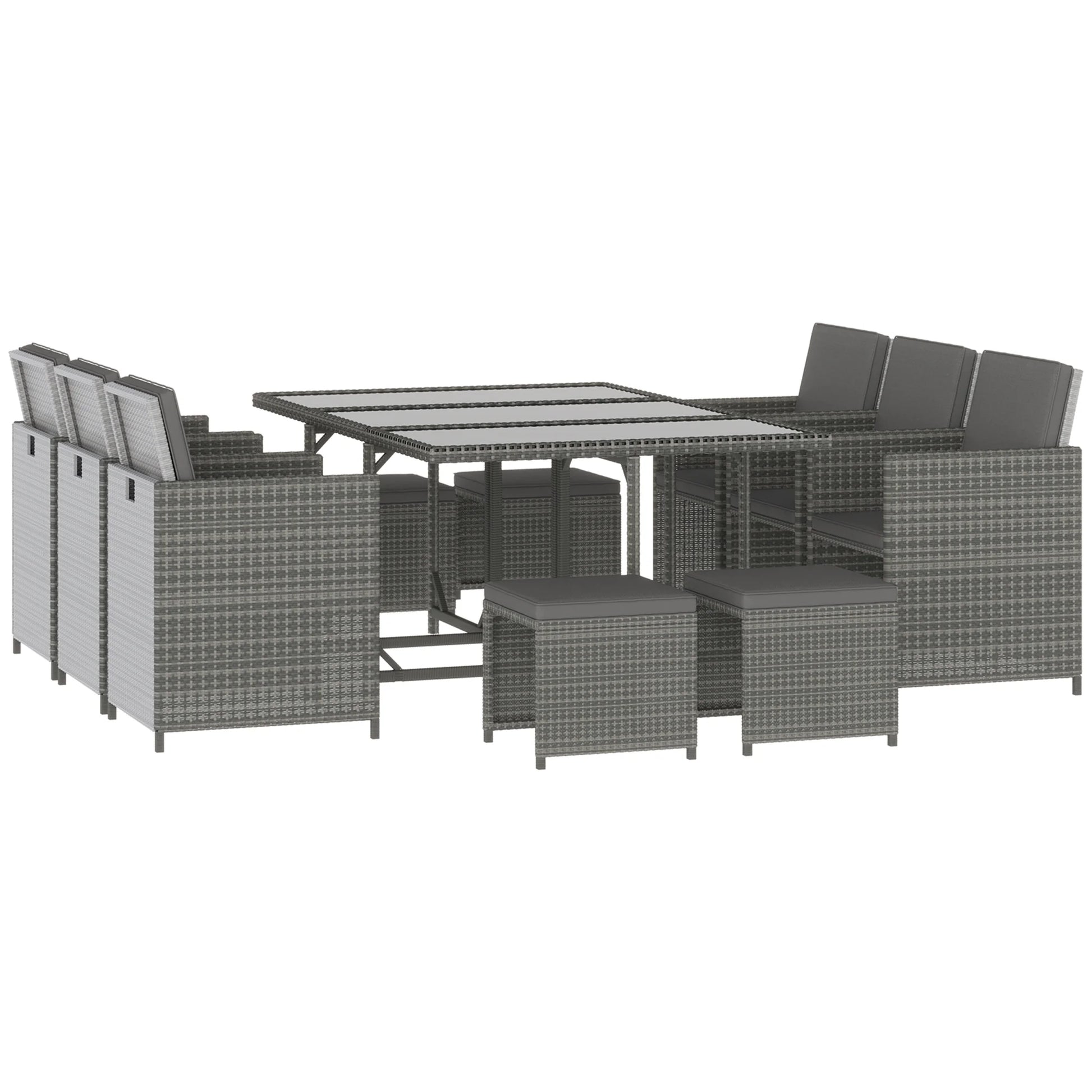 Outsunny 11 Pieces Outdoor Dining Set for 10, Space Saving Wicker Chairs and Glass Table with Cushions and Ottomans, Rattan Conversation Patio Furniture Set for Garden Backyard Deck, Dark Gray
