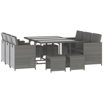 Outsunny 11 Pieces Outdoor Dining Set for 10, Space Saving Wicker Chairs and Glass Table with Cushions and Ottomans, Rattan Conversation Patio Furniture Set for Garden Backyard Deck, Dark Gray
