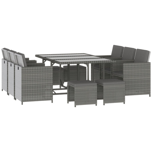 Outsunny 11 Pieces Outdoor Dining Set for 10, Space Saving Wicker Chairs and Glass Table with Cushions and Ottomans, Rattan Conversation Patio Furniture Set for Garden Backyard Deck, Dark Gray