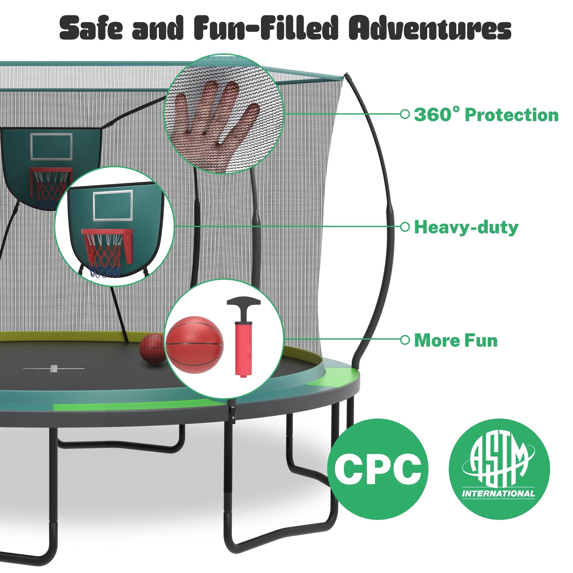 14FT Trampoline with Enclosure for Kids Adults, SEGMART Outdoor Pumpkin Round Recreational Trampoline with No-Gap Design, Heavy Duty Backyard Trampoline with Curved Fiberglass Poles for Indoor Outdoo