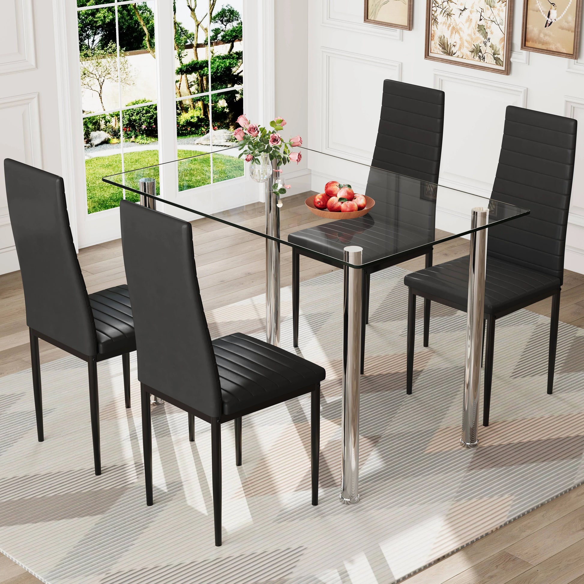 PAPROOS Dining Table Set for 4, Modern Kitchen Table Sets with Tempered Glass Dining Table and 4 PU Leather Chairs, Compact Dining Room Set for Small Space, Home Dinette Set for 4, Gray