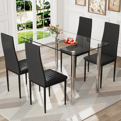PAPROOS Dining Table Set for 4, Modern Kitchen Table Sets with Tempered Glass Dining Table and 4 PU Leather Chairs, Compact Dining Room Set for Small Space, Home Dinette Set for 4, Gray