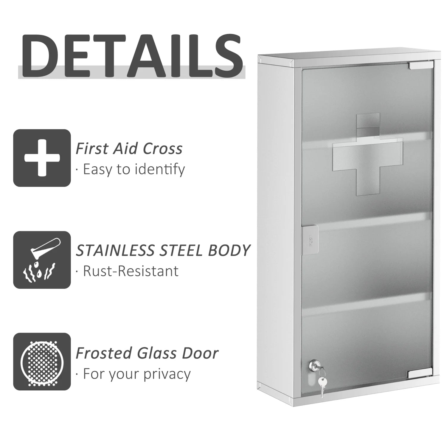 Wall Mounted Medicine Cabinet, with 4 Tier Shelves, Stainless Steel Frame and Glass Door