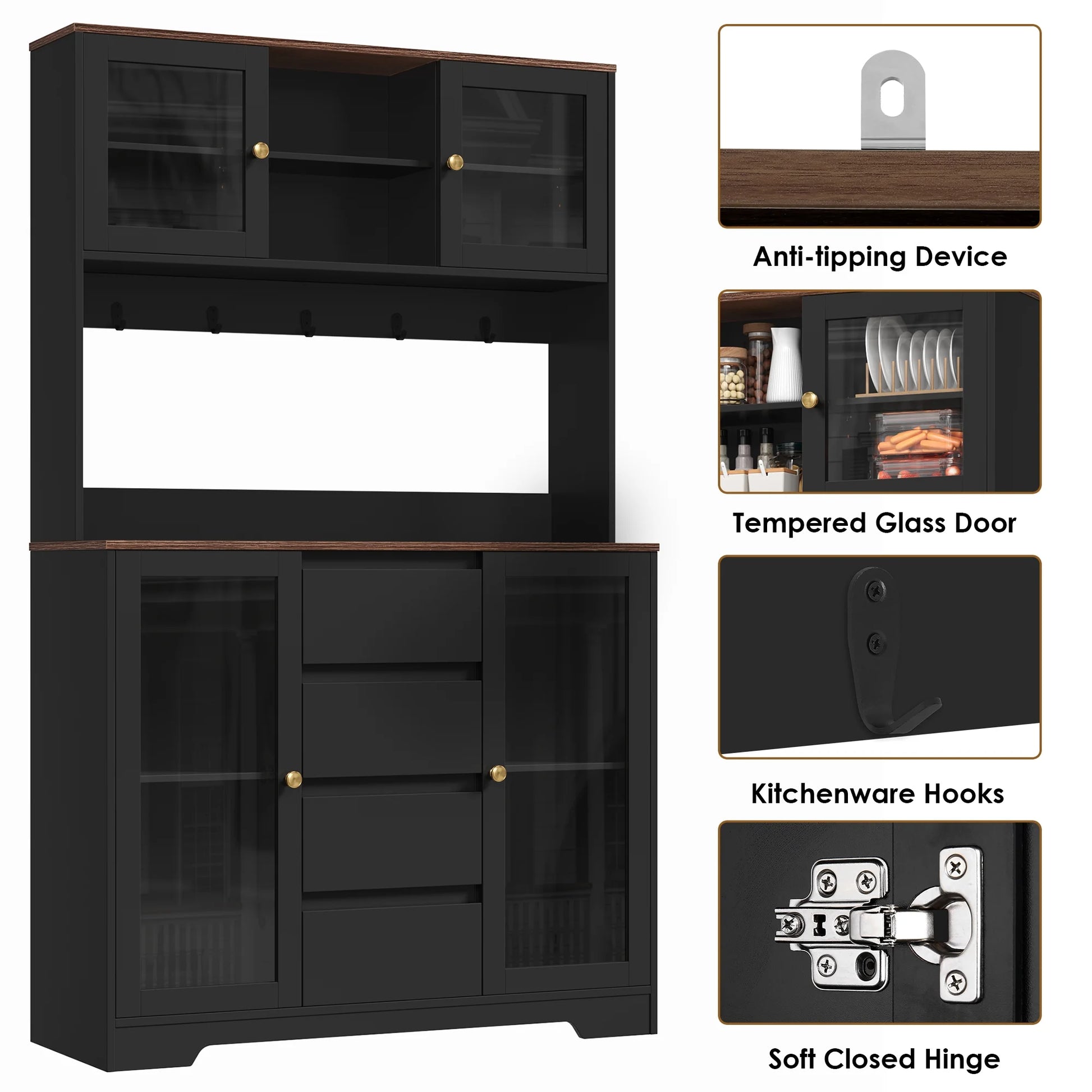 Homfa 71'' Pantry Hutch with Cabinet & Drawers for Kitchen, Glass Doors Storage Cabinet with Adjustable Shelves for Dining Room, Black