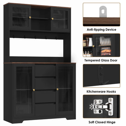 Homfa 71'' Pantry Hutch with Cabinet & Drawers for Kitchen, Glass Doors Storage Cabinet with Adjustable Shelves for Dining Room, Black