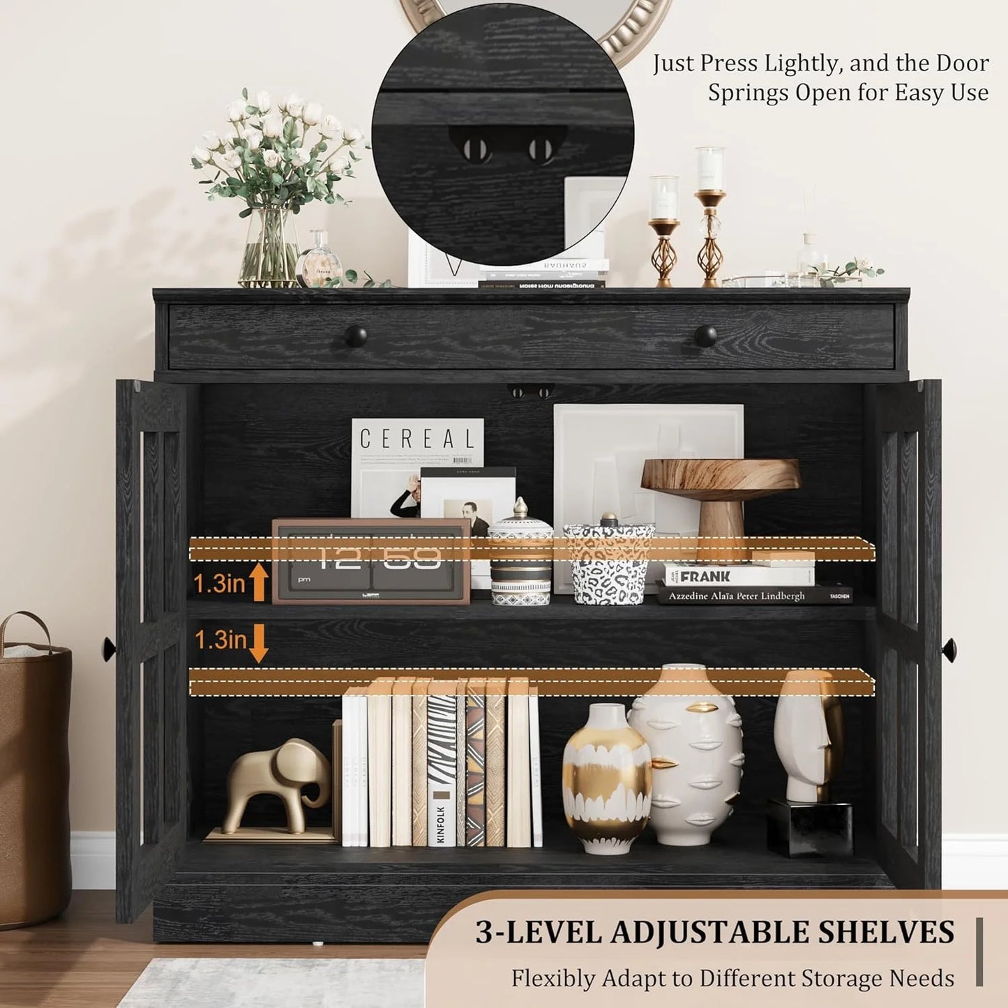 35.4" Sideboard Buffet Cabinets with Storage, Kitchen Coffee Bar Cabinet with Glass Door, Modern Sideboard Buffet with Drawer, White Sideboard Cabine for Living Room, Dining Room, Kitchen