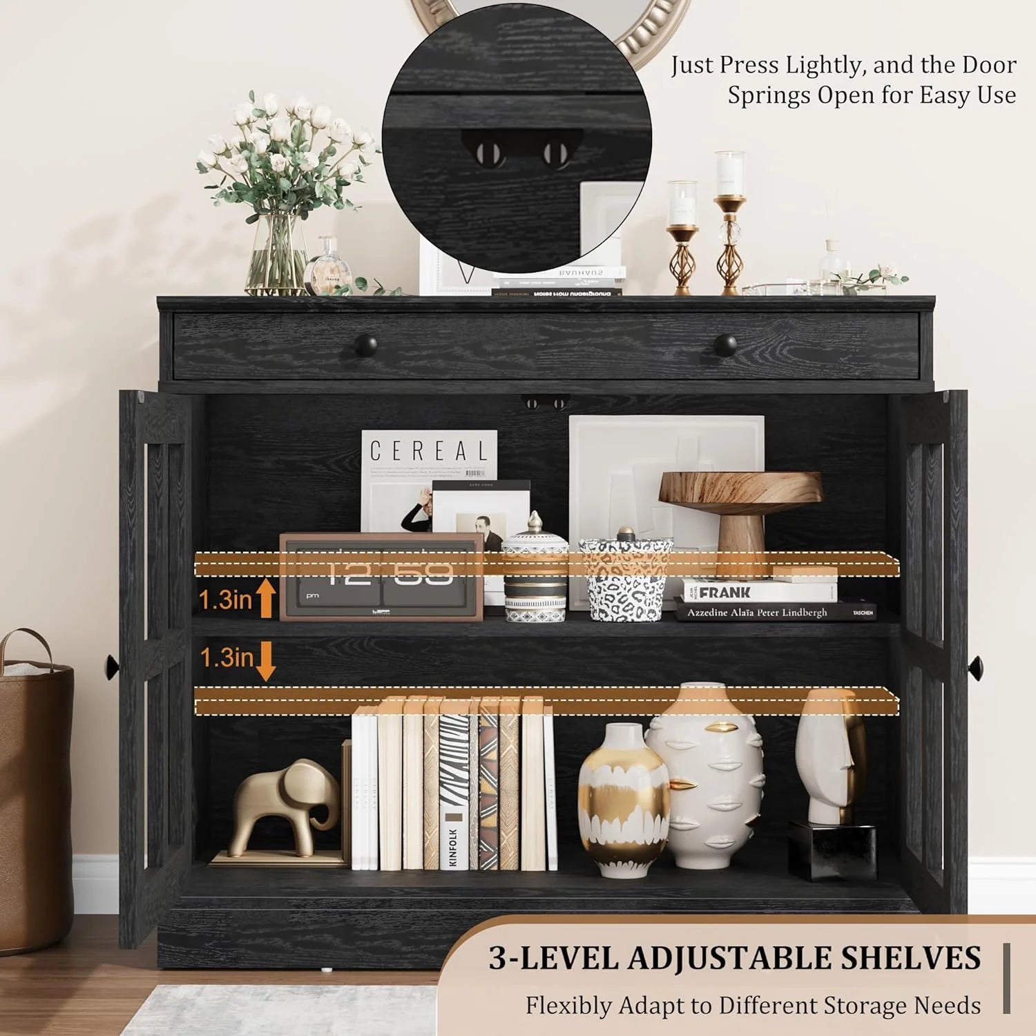 35.4" Sideboard Buffet Cabinets with Storage, Kitchen Coffee Bar Cabinet with Glass Door, Modern Sideboard Buffet with Drawer, White Sideboard Cabine for Living Room, Dining Room, Kitchen