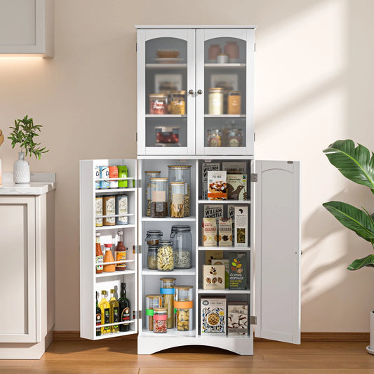 Lofka Kitchen Food Pantry Cabinet, 64" Tall Storage Cabinet with Frosted Glass Doors and Adjustable Shelves, White