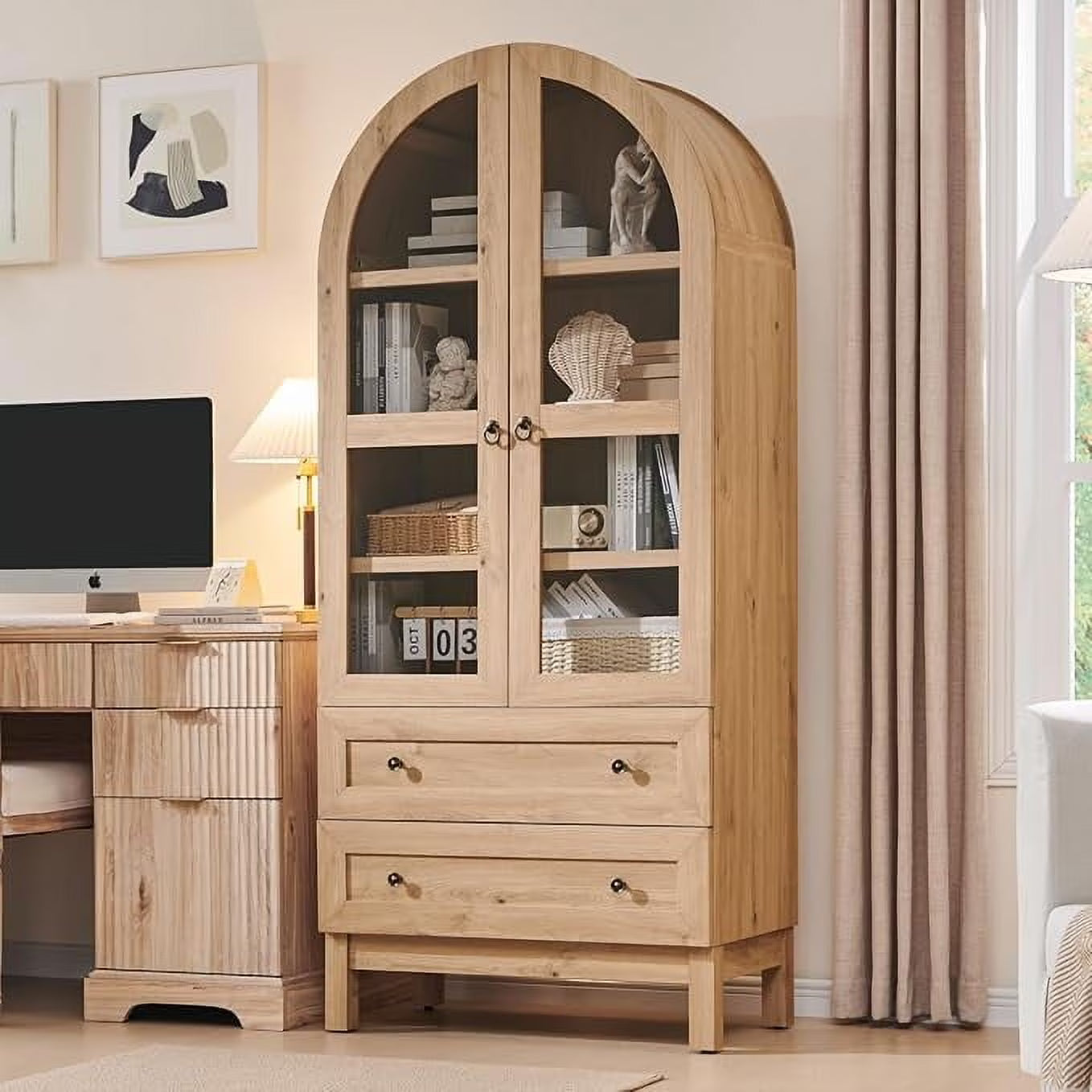 IFGET 71-Inch Arched 4-Tier Bookcase with Glass Doors and Drawers