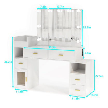 VIVISPECIAL Vanity Set with Lighted Mirror, Makeup Vanity with 3 Lighting Options and Charging Station, Large Vanity Desk with Storage Shelves, 5 Drawers, Glass Cabinet