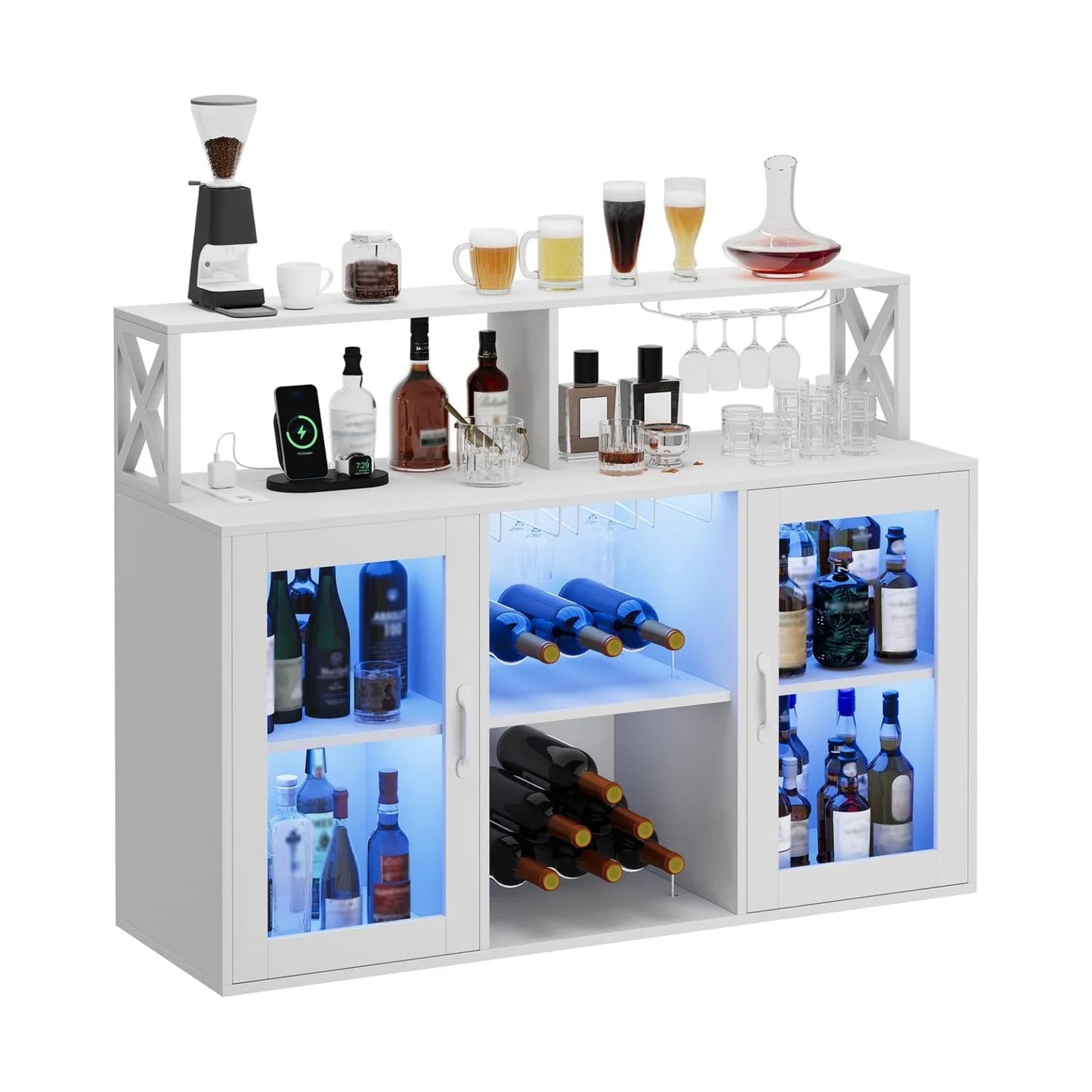 Home Wine Bar Cabinet with LED Light, Industry Coffee Bar Cabinet with Wine Rack, Glass Holder, and Power Outlets, Kitchen Sideboard Buffet Cabinet for Living Room Dining Room