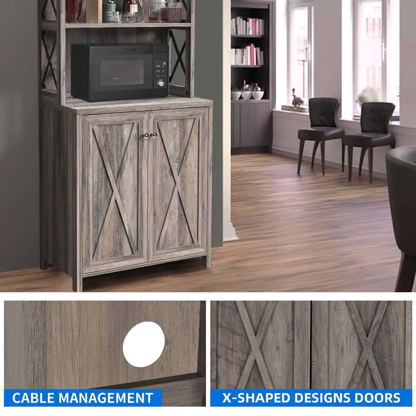 DEXTRUS 67" Tall Kitchen Pantry Cabinet with Glass Hanging Rack, Liquor Storage, Home Wine Bar, Gray