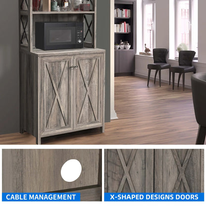 DEXTRUS 67" Tall Kitchen Pantry Cabinet with Glass Hanging Rack, Liquor Storage, Home Wine Bar, Gray