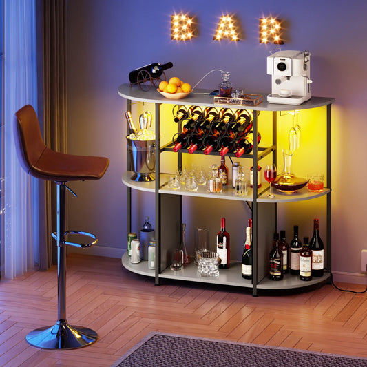 BOSSIN Bar Cabinet with Power Outlet & LED Home,Coffee Bar Cabinet for Liquor,Bar Cart with 4-Tier Storage for Bottles and Glass Holder
