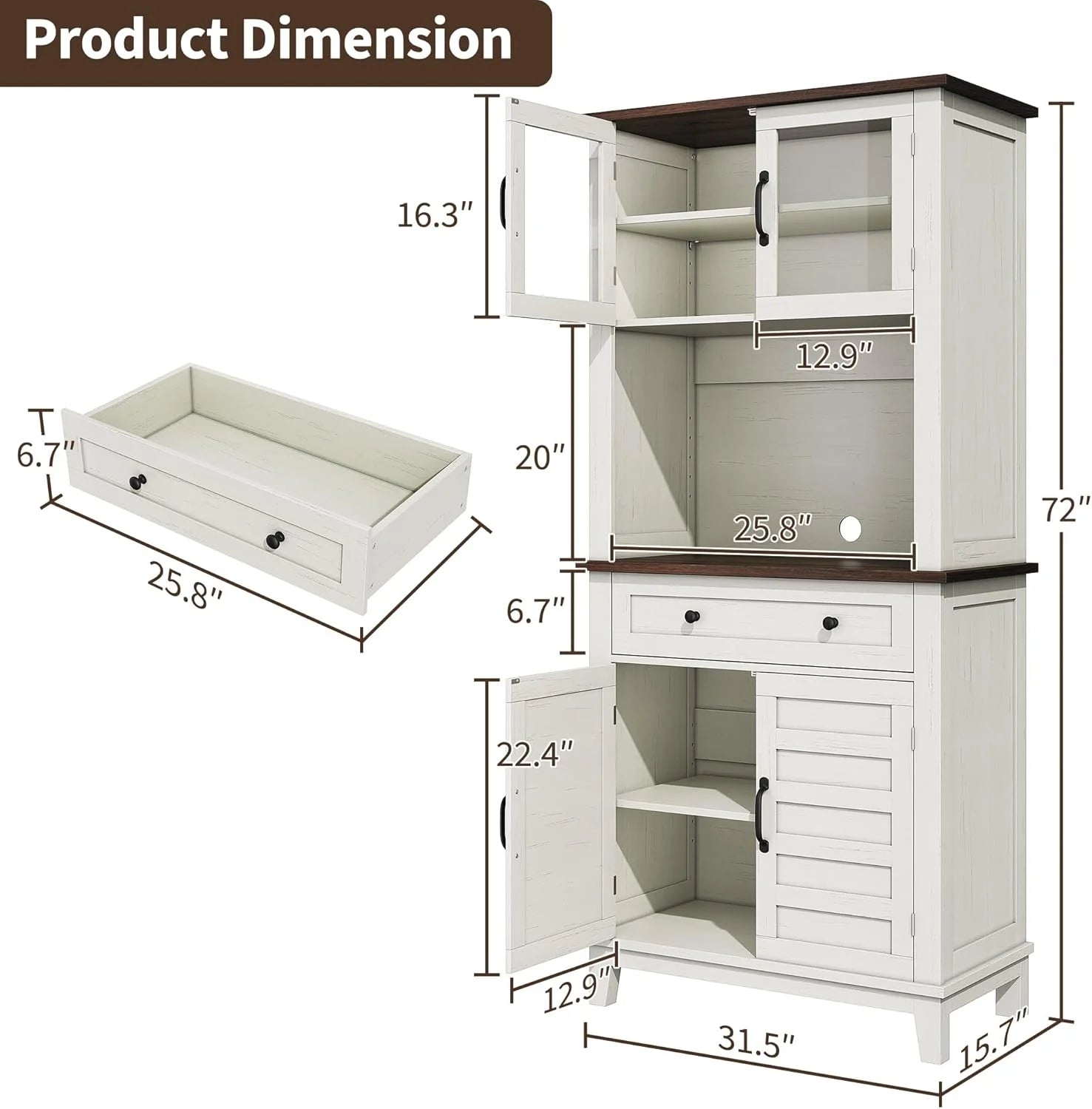 72" White Farmhouse Coffee Bar Cabinet with Storage Drawers & Glass Doors - Kitchen Storage Buffet for Dining Room, Beverage Organizer