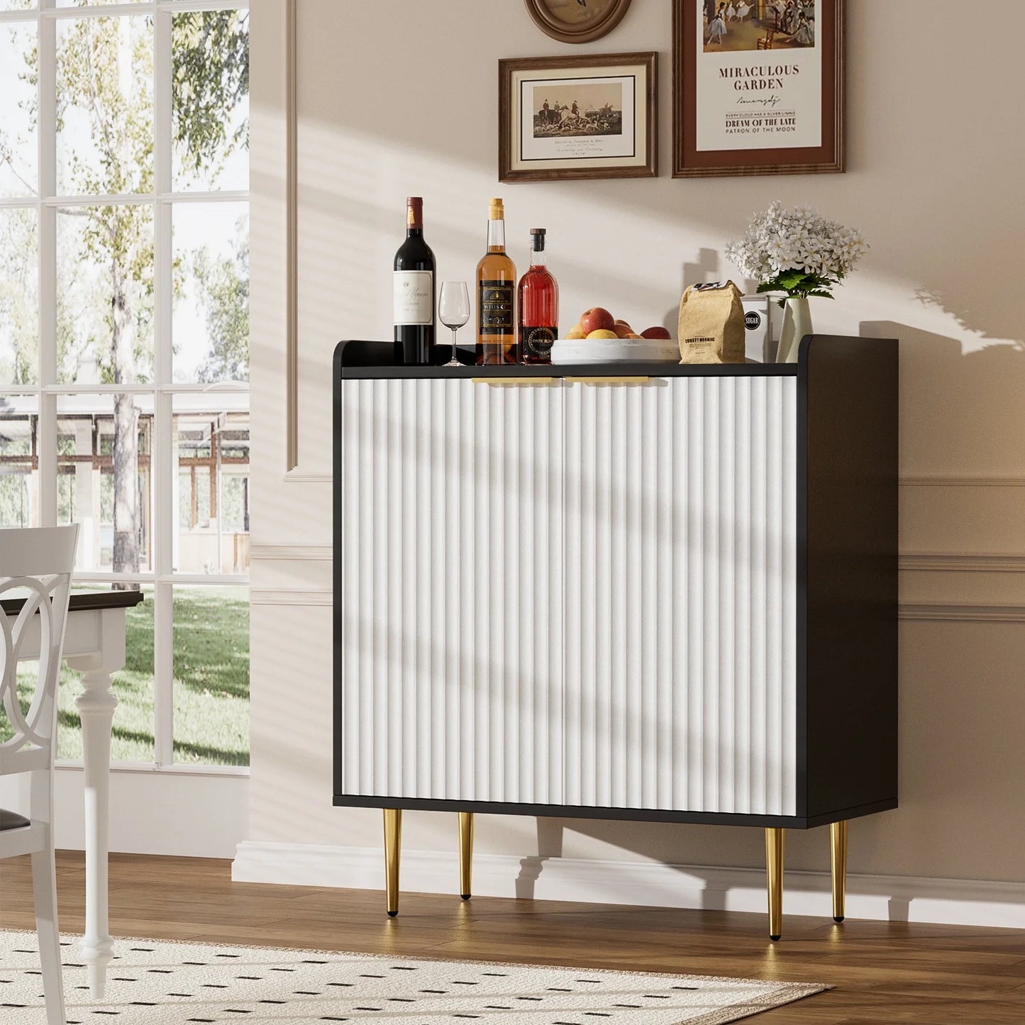 ERYTLLY Coffee Bar Cabinet with Wine Rack & Glass Holder, Kitchen Sideboard Buffet Cabinet with Storage,Wine Bar Cabinet with Fluted Doors for Living Room Dining, White
