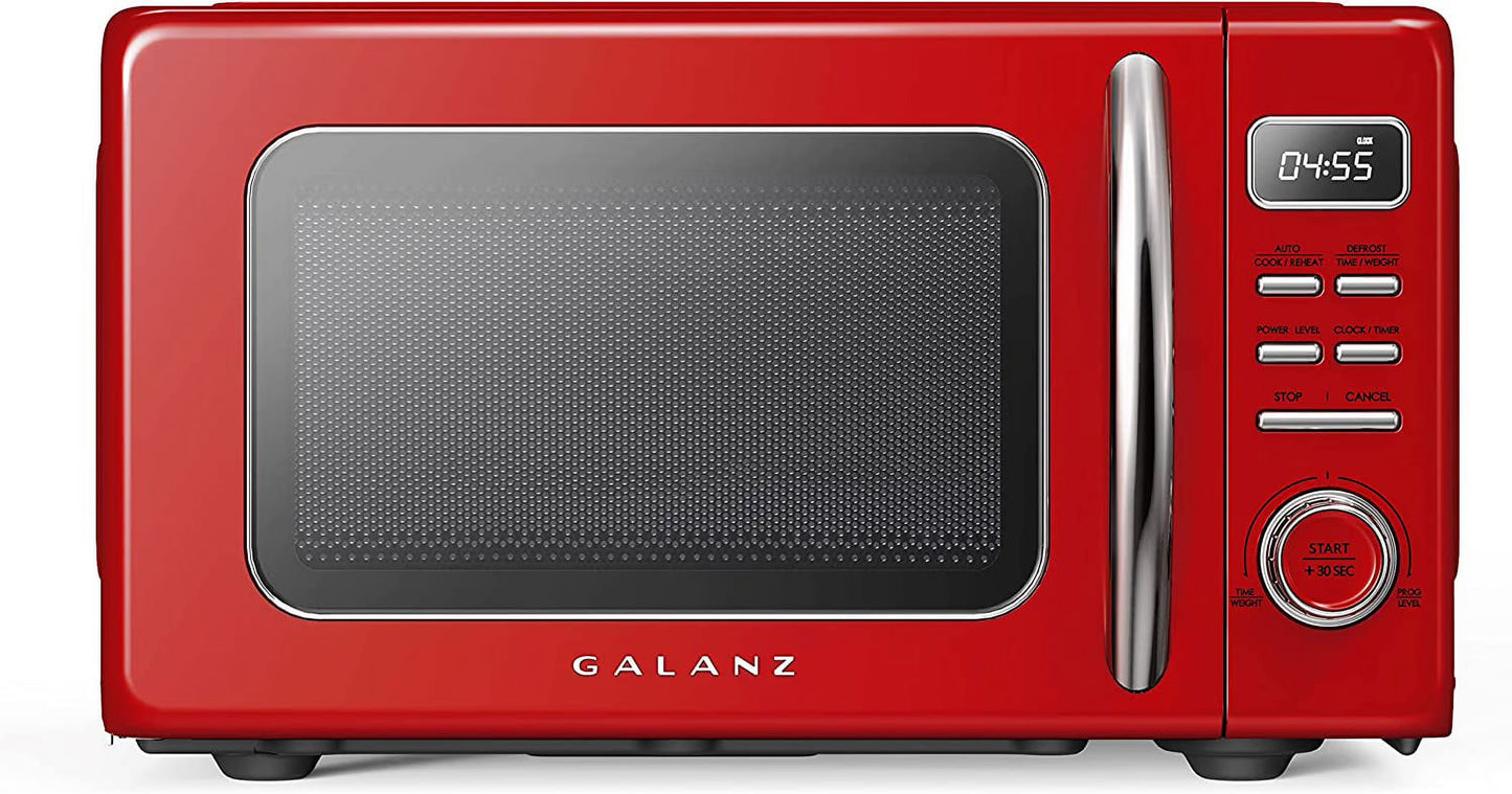 Galanz GLCMKZ09RDR09 Retro Countertop Microwave Oven with Auto Cook & Reheat, Defrost, Quick Start Functions, Easy Clean with Glass Turntable, Pull Handle, 0.9 cu ft, Red