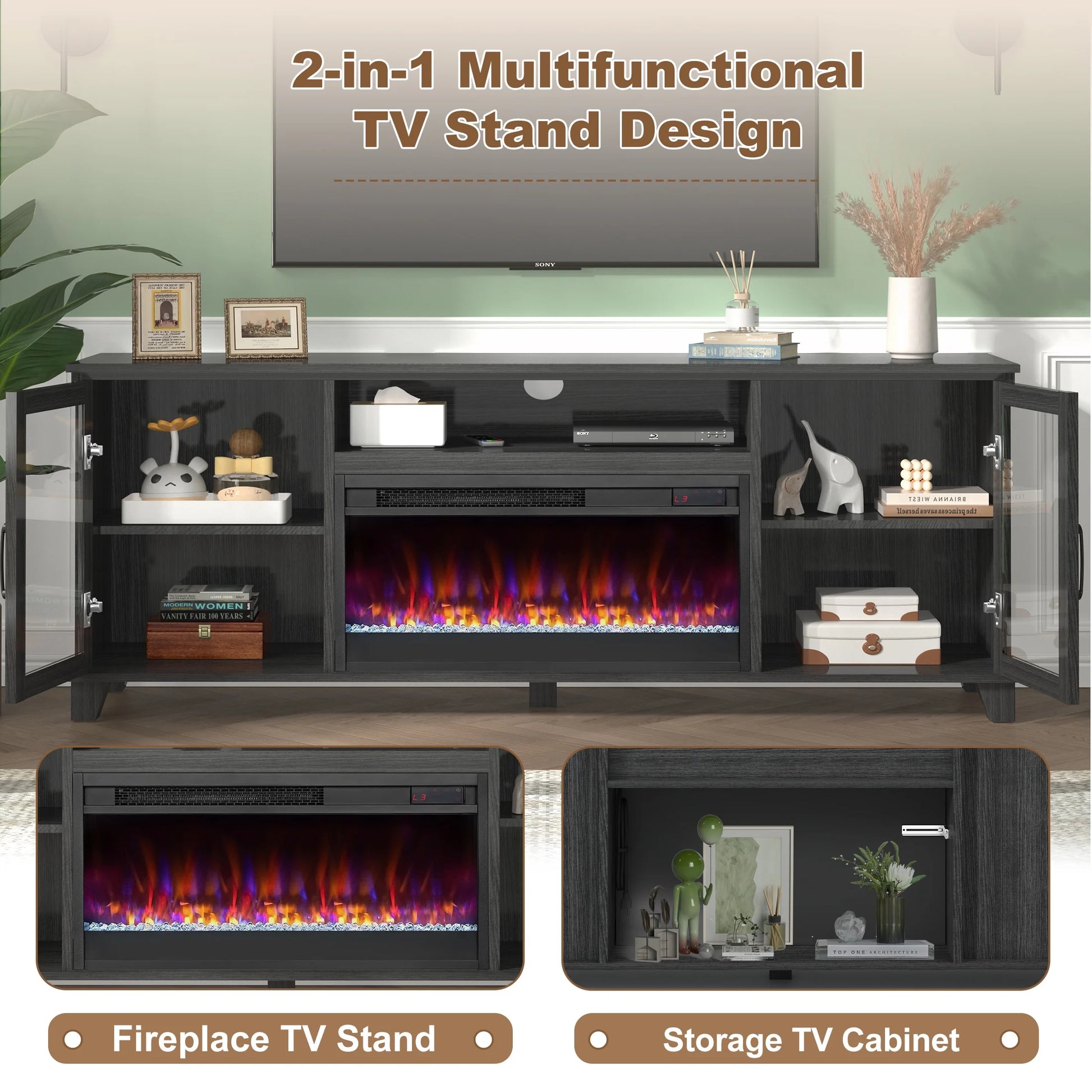 Fireplace TV Stand for 60 inch TV, Modern Entertainment Center With Glass Fireplace, Electric Fireplace TV Cabinet for Living Room, with Remote Control Fireplace, Black