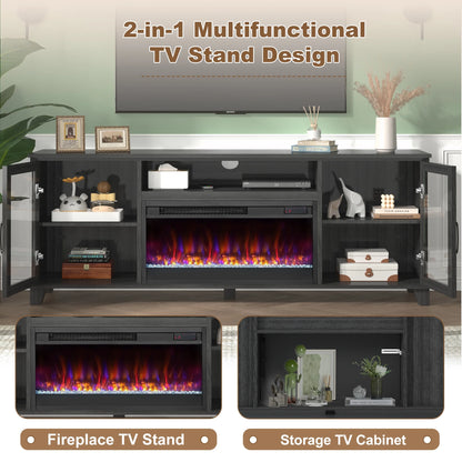 Fireplace TV Stand for 60 inch TV, Modern Entertainment Center With Glass Fireplace, Electric Fireplace TV Cabinet for Living Room, with Remote Control Fireplace, Black