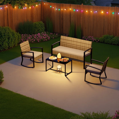 Patio Furniture Set for 4,Lofka 4 Pieces Patio Comversation Set with Outdoor Rocking Chairs,Rattan Loveseat,Glass Bistro Coffee Table,Removable Cushion for Backyard Balcony Lawn Pool,Gray
