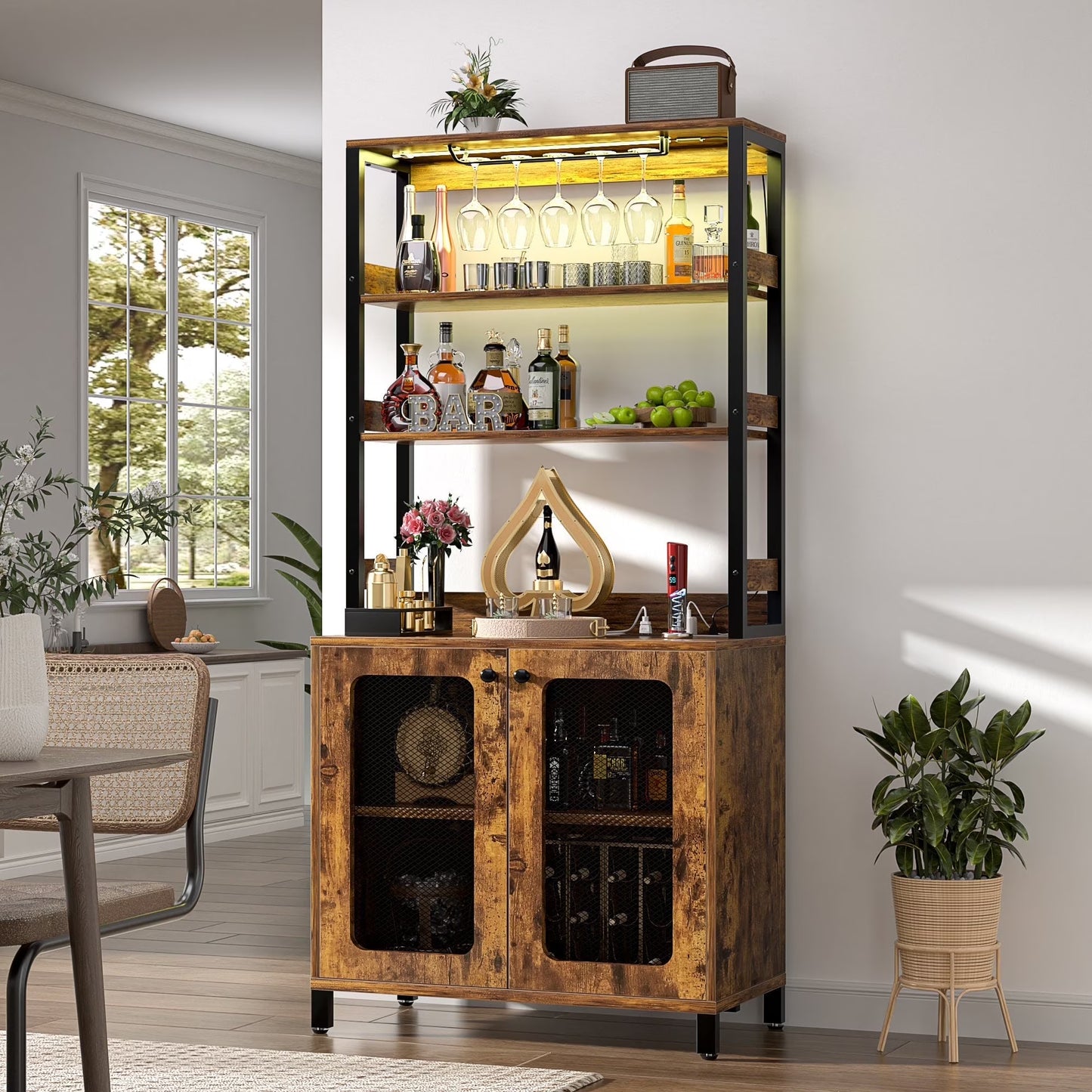 Homieasy Bar Cabinet with Power Outlets, 67" Tall Wine Cabinet Liquor Cabinet with LED Lights and Glass Holder, Coffee Bar Station for Kitchen, Dining Room, Living Room, Black