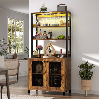 Homieasy Bar Cabinet with Power Outlets, 67" Tall Wine Cabinet Liquor Cabinet with LED Lights and Glass Holder, Coffee Bar Station for Kitchen, Dining Room, Living Room, Black