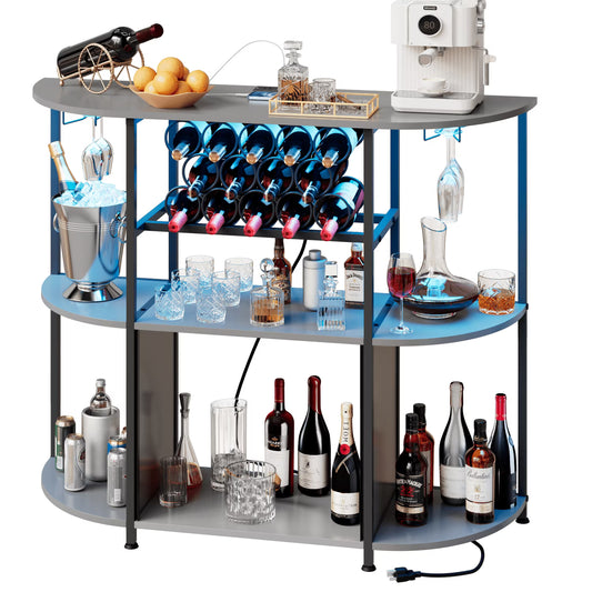BOSSIN Bar Cabinet with Power Outlet & LED Home,Coffee Bar Cabinet for Liquor,Bar Cart with 4-Tier Storage for Bottles and Glass Holder